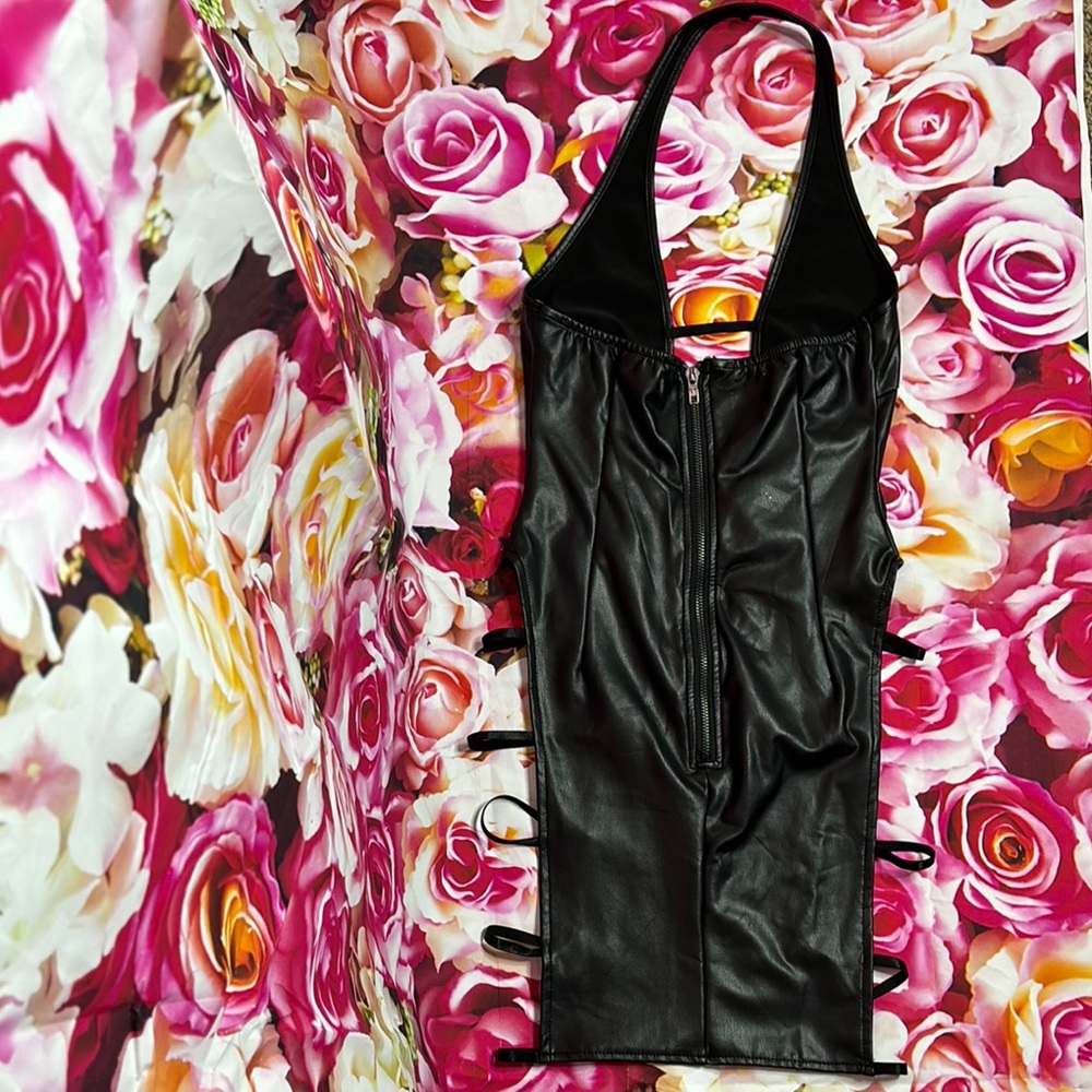 Black cutout faux Leather Halter bodycon Dress - Picture 3 of 4